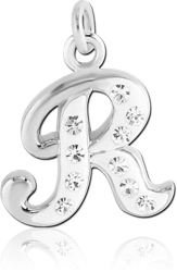 RHODIUM PLATED BASE METAL CRYSTALINE SCRIPT LETTER CHARM - R
