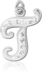 RHODIUM PLATED BASE METAL CRYSTALINE SCRIPT LETTER CHARM - T