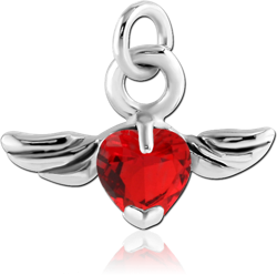 RHODIUM PLATED BASE METAL JEWELED WINGED HEART CHARM