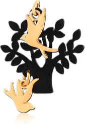 BLACK PVD COATED BASE METAL CHARM WITH GOLD PLATED PART - BIRDS AND TREE