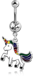 SURGICAL STEEL GRADE 316L JEWELED NAVEL BANANA WITH CHARM - UNICORN