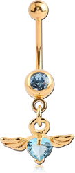 GOLD PVD COATED SURGICAL STEEL GRADE 316L PREMIUM CRYSTAL JEWELED MINI NAVEL BANANA WITH WINGS HEART CHARM