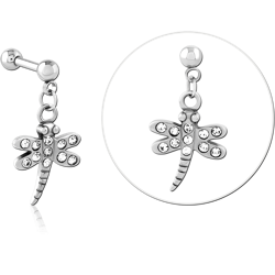 SURGICAL STEEL GRADE 316L MICRO BARBELL WITH DANGLING JEWELED CHARM - DRAGONFLY