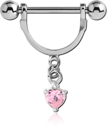 SURGICAL STEEL GRADE 316L NIPPLE STIRRUP WITH PRONG SET JEWELED HEART CHARM