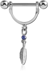 SURGICAL STEEL GRADE 316L NIPPLE STIRRUP WITH JEWELED FEATHER CHARM