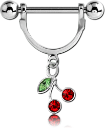 SURGICAL STEEL GRADE 316L NIPPLE STIRRUP WITH JEWELED CHERRIES CHARM
