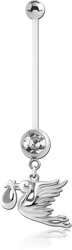 RHODIUM PLATED 316L SURGICAL STEEL GRADE 316L  TOP WITH PTFE NAVEL BANANA WITH STORK CARRYING BABY CHARM
