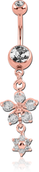ROSE GOLD PVD SURGICAL STEEL GRADE 316L DOUBLE PREMIUM CRYSTALS JEWELED NAVEL BANANA WITH FLOWER CHARM