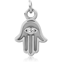 SURGICAL STEEL GRADE 316L CHARM HAMSA HAND WITH EYE AND CLEAR GEM