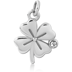 SURGICAL STEEL GRADE 316L CHARM FOUR LEAF CLOVER WITH CLEAR GEM ACCENT
