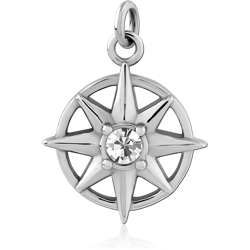 SURGICAL STEEL GRADE 316L CHARM COMPASS ROSE OPENWORK WITH CLEAR CENTER GEM