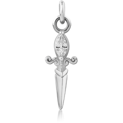 SURGICAL STEEL GRADE 316L CHARM DAGGER WITH MARQUISE CLEAR GEM AND SCROLL HILT