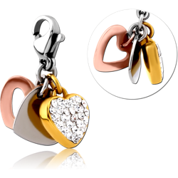 SURGICAL STEEL GRADE 316L CRYSTALINE JEWELED TRIPLE TONE CHARM WITH LOBSTER LOCKER - HEART