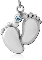 STERILE RHODIUM PLATED BASE METAL JEWELED CHARM - BABY FEET