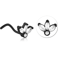 BLACK PVD COATED SURGICAL STEEL GRADE 316L CURVED JEWELED NOSE STUD