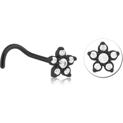 BLACK PVD COATED SURGICAL STEEL GRADE 316L CURVED JEWELED NOSE STUD - FLOWER