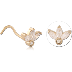 GOLD PVD 18K COATED SURGICAL STEEL GRADE 316L CURVED NOSE STUD TRIPLE MARQUISE AND ROUND GEM