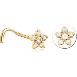 GOLD PVD 18K COATED SURGICAL STEEL GRADE 316L CURVED JEWELED NOSE STUD - FLOWER