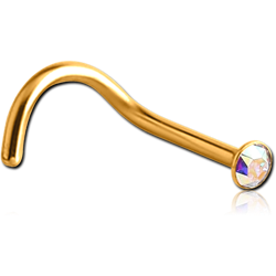 GOLD PVD COATED SURGICAL STEEL GRADE 316L JEWELED CURVED NOSE STUD WITH GLUED STONE