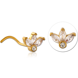 GOLD PVD COATED SURGICAL STEEL GRADE 316L CURVED JEWELED NOSE STUD