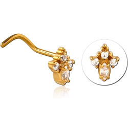 GOLD PVD COATED SURGICAL STEEL GRADE 316L CURVED JEWELED NOSE STUD