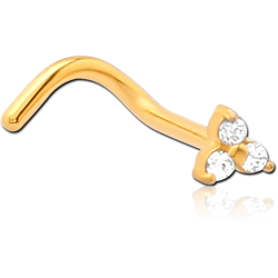 GOLD PVD COATED SURGICAL STEEL GRADE 316L CURVED PRONG SET JEWELED TRINITY NOSE STUD