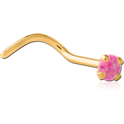 GOLD PVD COATED SURGICAL STEEL GRADE 316L CURVED PRONG SET 2MM JEWELED NOSE STUD WITH ORGANIC SYNTHETIC OPAL