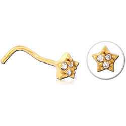GOLD PVD COATED SURGICAL STEEL GRADE 316L CURVED JEWELED NOSE STUD - STAR