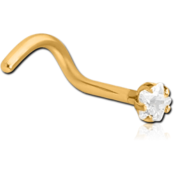 GOLD PVD SURGICAL STEEL GRADE 316L CURVED PRONG SET STAR JEWELED NOSE STUD
