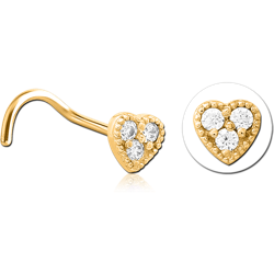 GOLD PVD COATED SURGICAL STEEL GRADE 316L CURVED JEWELED NOSE STUD - HEART