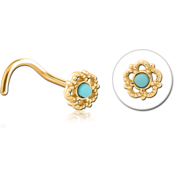 GOLD PVD COATED SURGICAL STEEL GRADE 316L CURVED JEWELED NOSE STUD - FLOWER