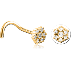 GOLD PVD COATED SURGICAL STEEL GRADE 316L CURVED JEWELED NOSE STUD - FLOWER