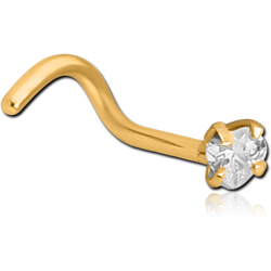 GOLD PVD COATED SURGICAL STEEL GRADE 316L CURVED PRONG SET HEART JEWELED NOSE STUD