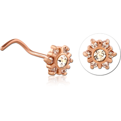 ROSE GOLD PVD COATED SURGICAL STEEL GRADE 316L CURVED PRONG SET JEWELED NOSE STUD