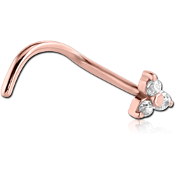ROSE GOLD PVD COATED SURGICAL STEEL GRADE 316L CURVED PRONG SET JEWELED TRINITY NOSE STUD