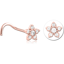 ROSE GOLD PVD COATED SURGICAL STEEL GRADE 316L CURVED JEWELED NOSE STUD - FLOWER
