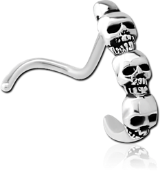 SURGICAL STEEL GRADE 316L CURVED WRAP AROUND NOSE STUD - FOUR SKULLS