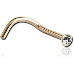 STERILE 14 KARAT GOLD YELLOW BEZEL SET JEWELED CURVED NOSE STUD