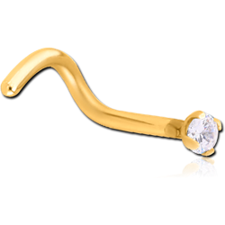 STERILE GOLD PVD COATED SURGICAL STEEL GRADE 316L CURVED PRONG SET 2MM JEWELED NOSE STUD