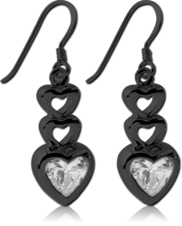 BLACK PVD COATED SURGICAL STEEL GRADE 316L JEWELED EARRINGS - THREE HEARTS