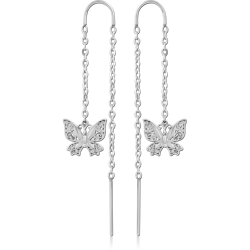 316L SURGICAL STEEL GRADE 316L CHAIN THREADER EARRINGS WITH FILIGREE BUTTERFLY CHARMS PAIR