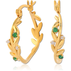 GOLD PVD COATED SURGICAL STEEL GRADE 316L HOOP EARRINGS LEAF VINE GREEN AND CLEAR GEMS
