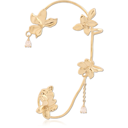 GOLD PVD 18K COATED SURGICAL STEEL GRADE 316L LEFT EAR CUFF FLORAL VINE WITH TEARDROP CHARMS