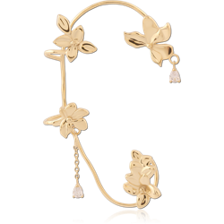 GOLD PVD 18K COATED SURGICAL STEEL GRADE 316L RIGHT EAR CUFF FLORAL VINE WITH TEARDROP CHARMS