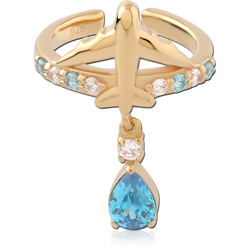 GOLD PLATED 18K STERLING 925 SILVER JEWELED EAR CUFF AIRPLANE WITH TEARDROP BLUE CHARM