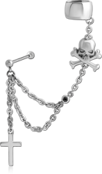 SURGICAL STEEL GRADE 316L JEWELED EAR CUFF - SKULL AND CROSS