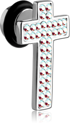 SURGICAL STEEL GRADE 316L CRYSTALINE JEWELED CROSS FAKE PLUG