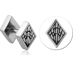 SURGICAL STEEL GRADE 316L FAKE PLUG DIAMOND SHIELD GEOMETRIC ETCHED PATTERN DETAIL