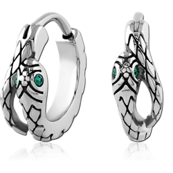 316L SURGICAL STEEL GRADE 316L HOOP EARRINGS SNAKE HEAD SCALES WITH GREEN GEM EYES