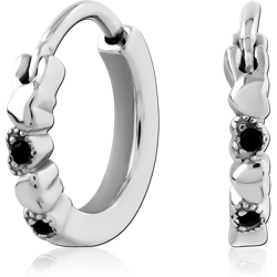 316L SURGICAL STEEL GRADE 316L HOOP EARRINGS HEART ROW ACCENTS WITH BLACK GEMS
